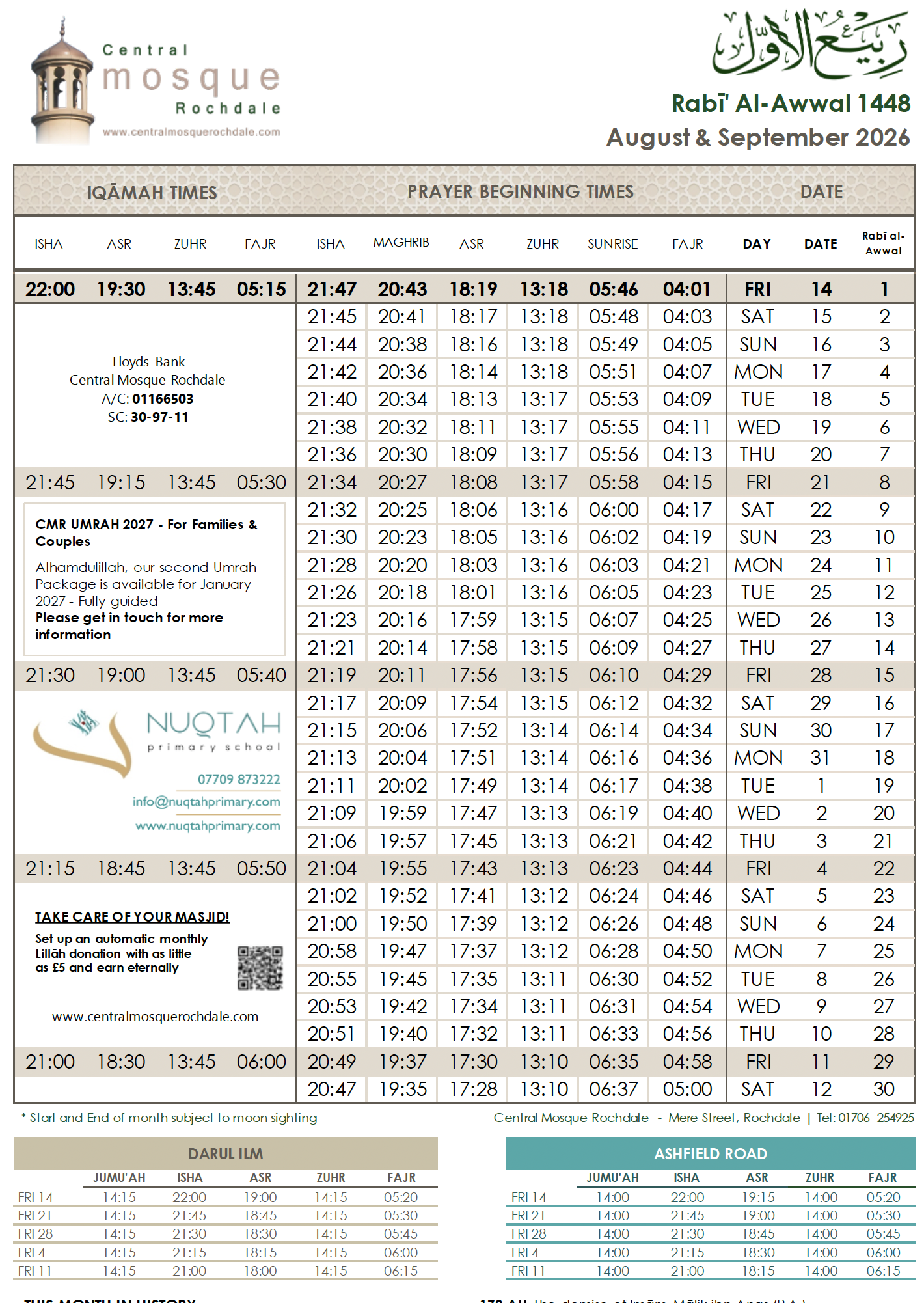Central Masjid Rochdale prayer timetable for Rabīʿ al-Awwal 1448, 14 August to 12 September 2026